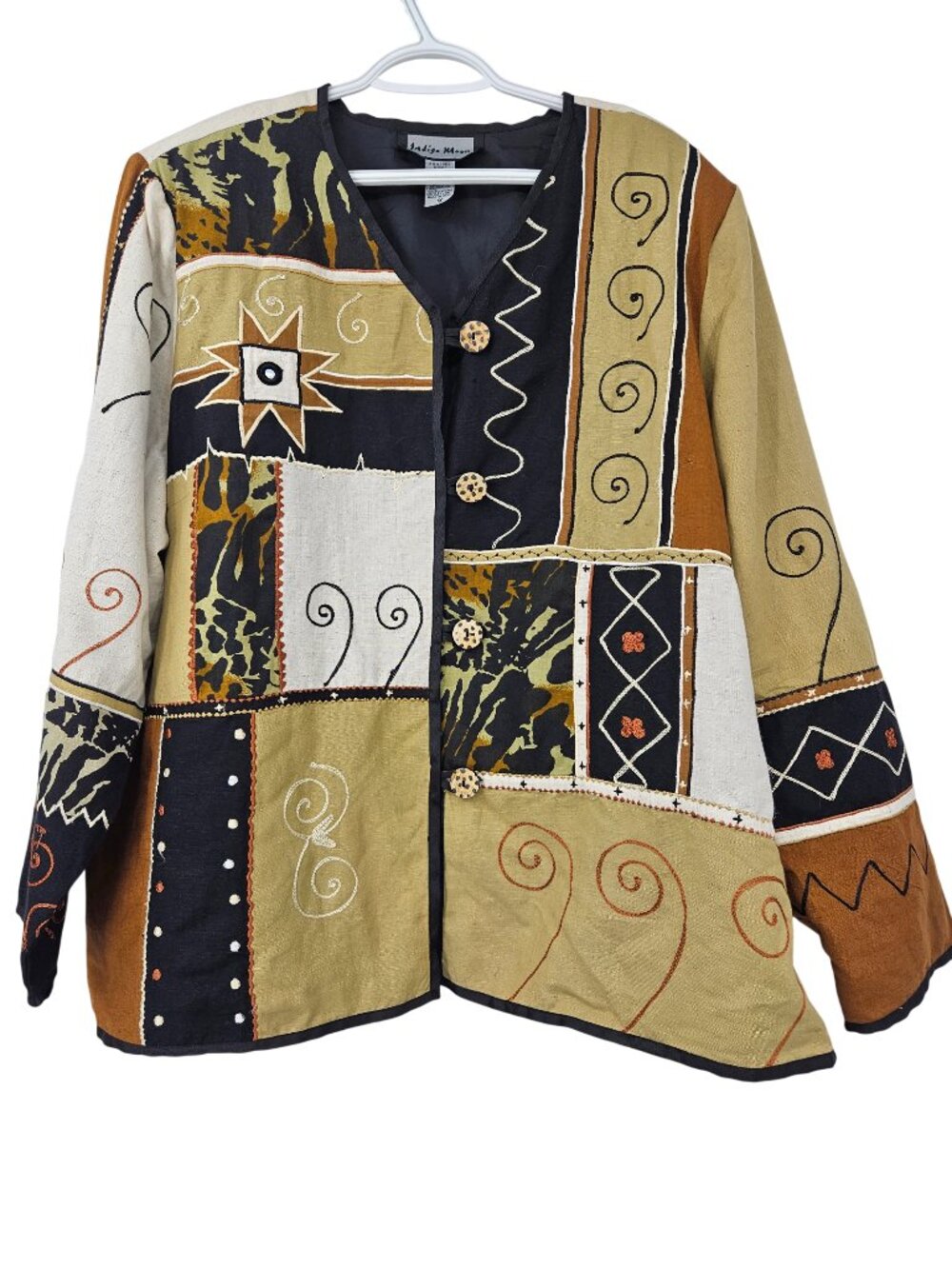 Indigo Moon Patchwork Art To Wear Jacket Women’s Size 1X Artsy Boxy Lagenlook